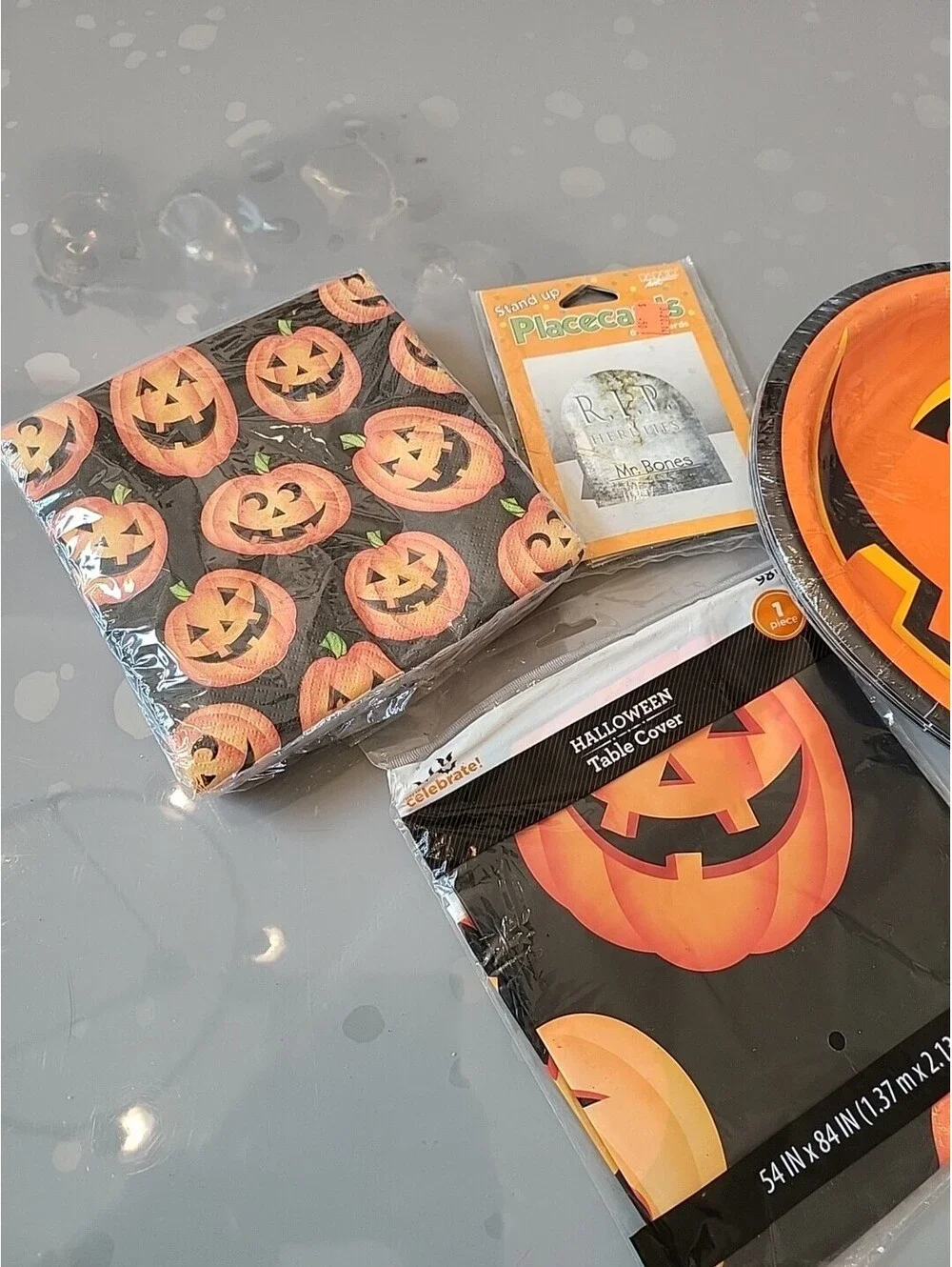 Vintage Party Set Lot Halloween Paper Plates, Tomb Names Napkins, Tablecloth NOS
